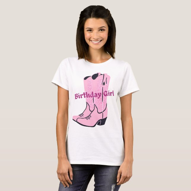 Birthday Girl Pink Sparkle Cowboy Boots Shirt (Front Full)