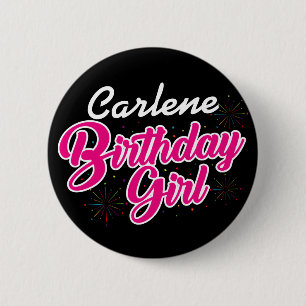 Birthday Girl Pink Typography with NAME on BLACK Button