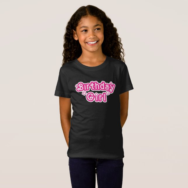 Birthday Girl Pink & White With Stars T-Shirt (Front Full)