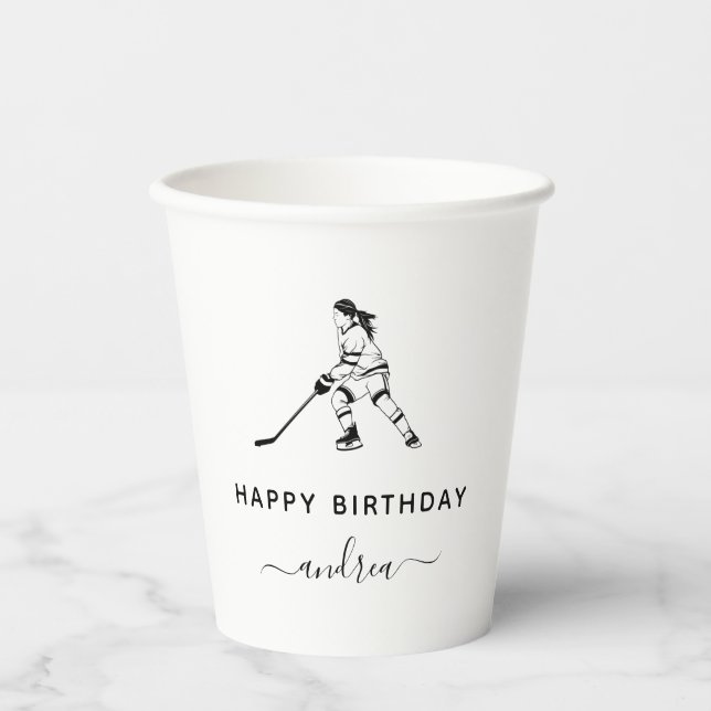 Birthday Girl Playing Ice Hockey Player Name Girly Paper Cups (Front)