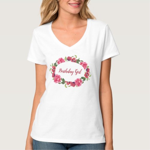 Birthday Girl Poppy Rose Flower Circle Wreath T_Shirt