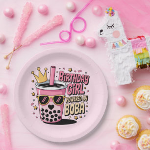 Birthday Girl Powered by Boba Bubble Tea Party Paper Plates