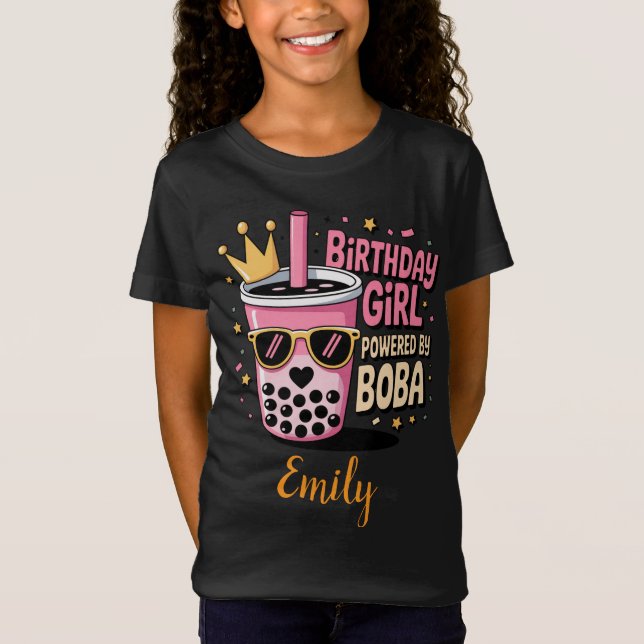 Birthday Girl Powered by Boba Bubble Tea Party T-Shirt (Front)