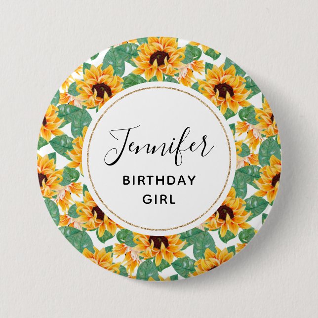 Birthday Girl Pretty Sunflowers Pattern Button (Front)