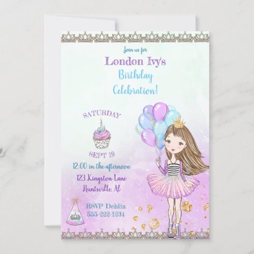 Birthday Girl Princess Cupcake Balloons Lavender Invitation