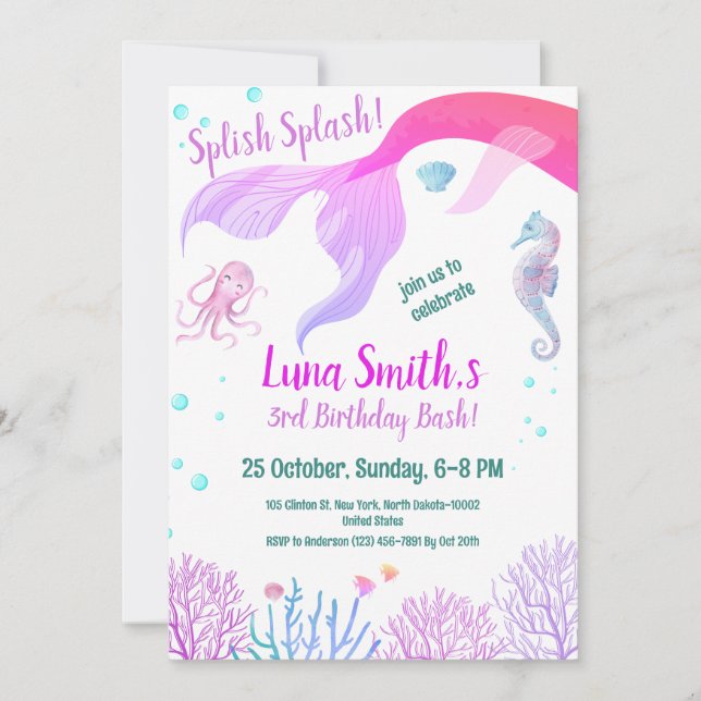 Birthday Girl Purple Color Sea Animals Theme Invitation (Front)