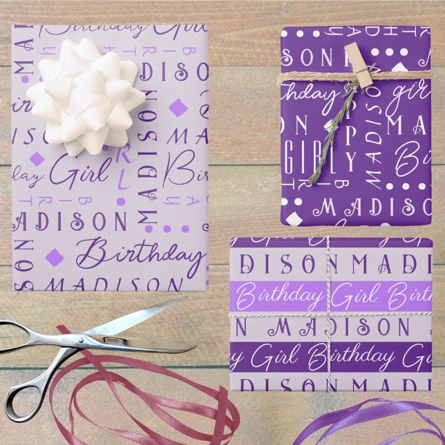 Birthday Girl Purple Cute Add A Name Personalized Wrapping Paper Sheets (Add a name - or three - to this cute purple Birthday Girl wrapping paper assortment fun for all ages)