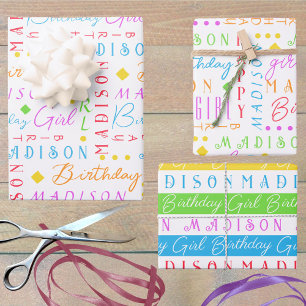 Birthday Girl Rainbow Cute Add A Name Personalized Wrapping Paper Sheets