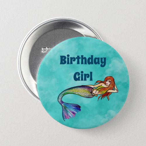 Birthday Girl Rainbow Mermaid with Ginger Hair But Button