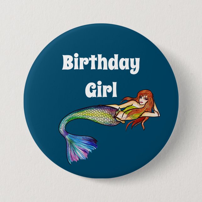 Birthday Girl Rainbow Mermaid with Ginger Hair Button (Front)