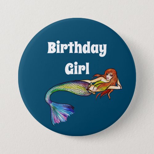 Birthday Girl Rainbow Mermaid with Ginger Hair Button