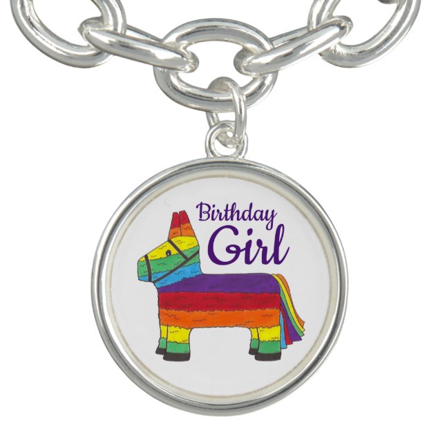 Birthday Girl Rainbow Piñata Purple Donkey Fiesta Charm Bracelet (Design)