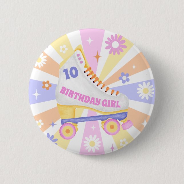Birthday Girl Retro Roller Skate  Button (Front)