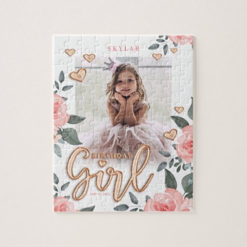 Birthday Girl Rose Gold Balloon Letters  Floral Jigsaw Puzzle