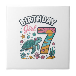 Birthday Girl Sea Turtle 7th Birthday Vector Desig Ceramic Tile