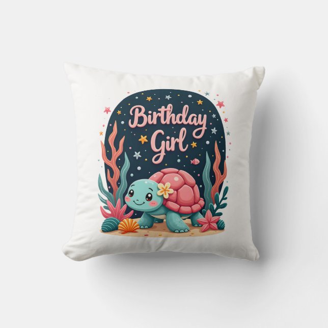 Birthday Girl Sea Turtle Theme Birthday Party Ocea Throw Pillow (Front)