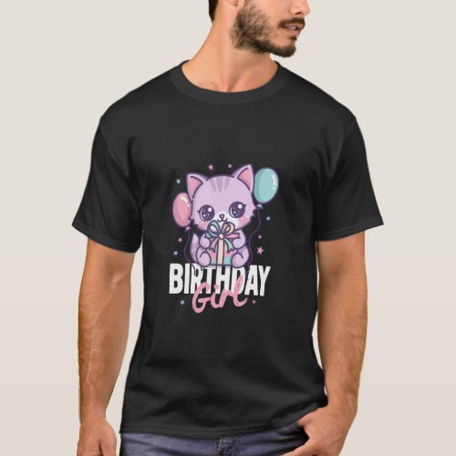 Birthday Girl Shirt - Cute Kawaii Cat with Balloon