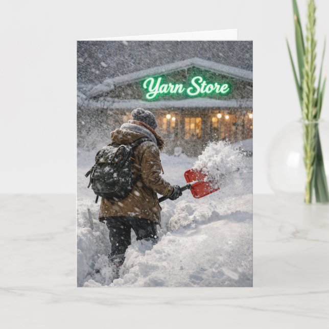 Birthday Girl Shoveling Snow to a Yarn Store Card (Front)