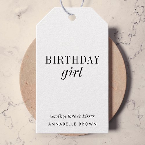 Birthday Girl  Simple Minimalist Black and White Gift Tags