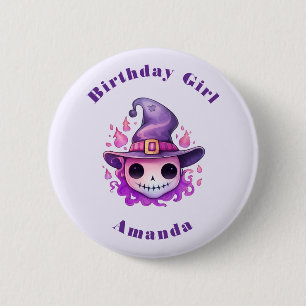 Birthday Girl Skull in a Witch's Hat Whimsical Button