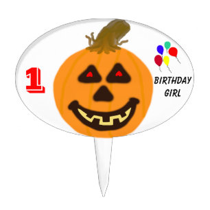 Birthday Girl Smiling Pumpkin & Balloons Cake Pick