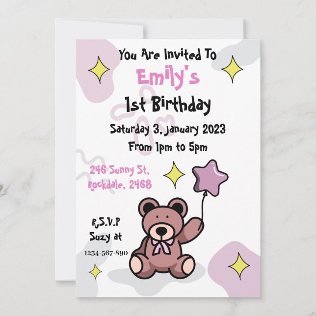 Birthday Girl Teddy Bear Invitation (Front)