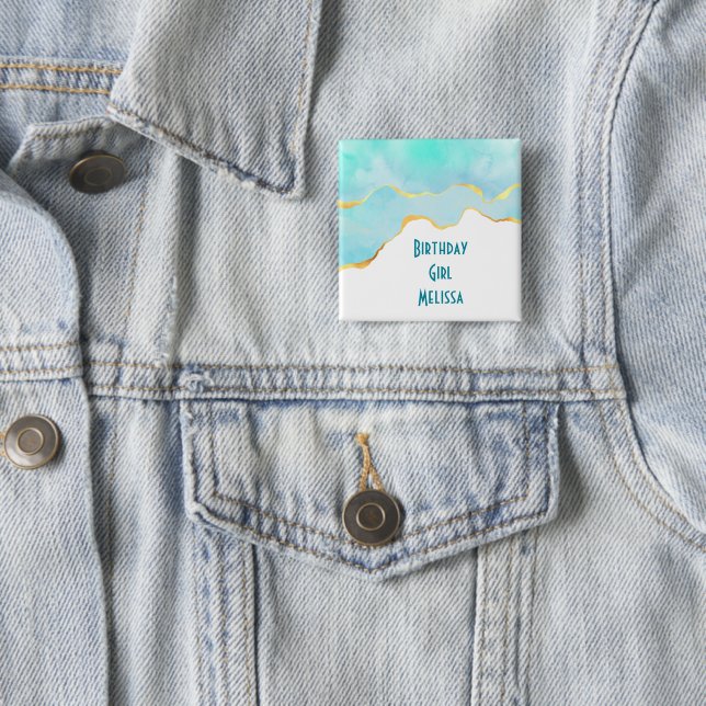 Birthday Girl Tropical Green Blue with Gold Button (In Situ)