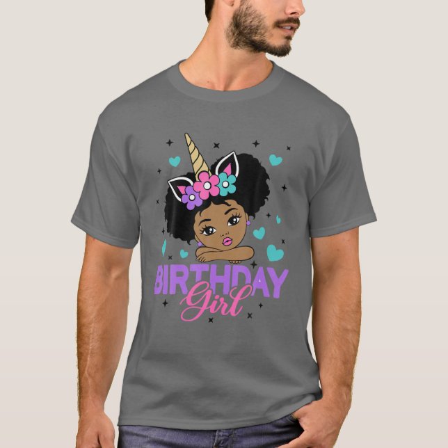 Birthday Girl Unicorn Black Princess Afro Princess T-Shirt (Front)