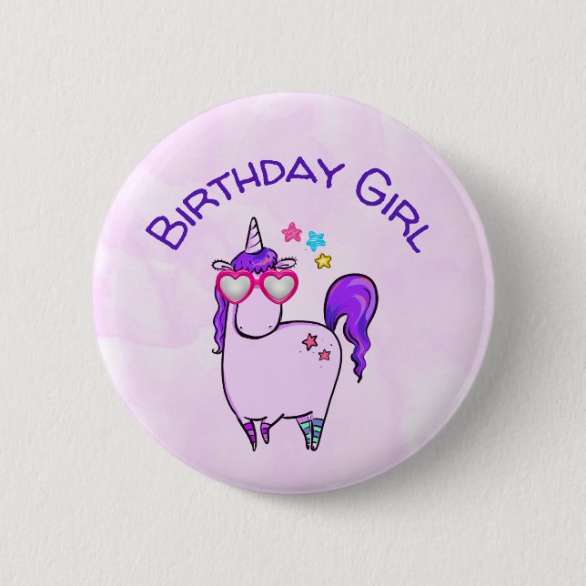 Birthday Girl Unicorn in Heart Shaped Glasses Button (Front)