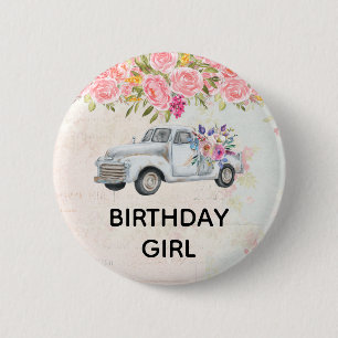 Birthday Girl Vintage Pickup Truck Watercolor Button
