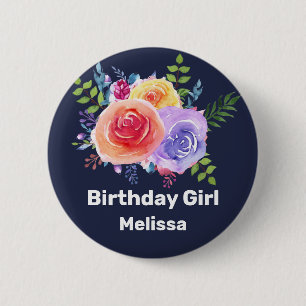 Birthday Girl Watercolor Roses Button