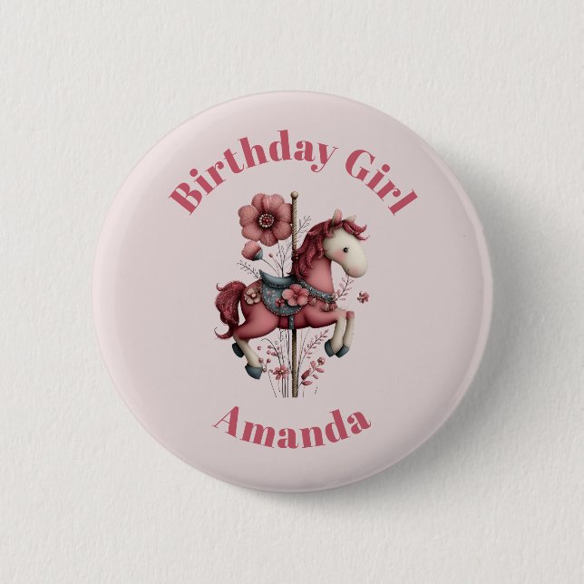 Birthday Girl Whimsical Carousel Horse Image Button (Front)