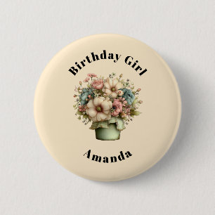 Birthday Girl Whimsical Flowers in a Planter Pot Button