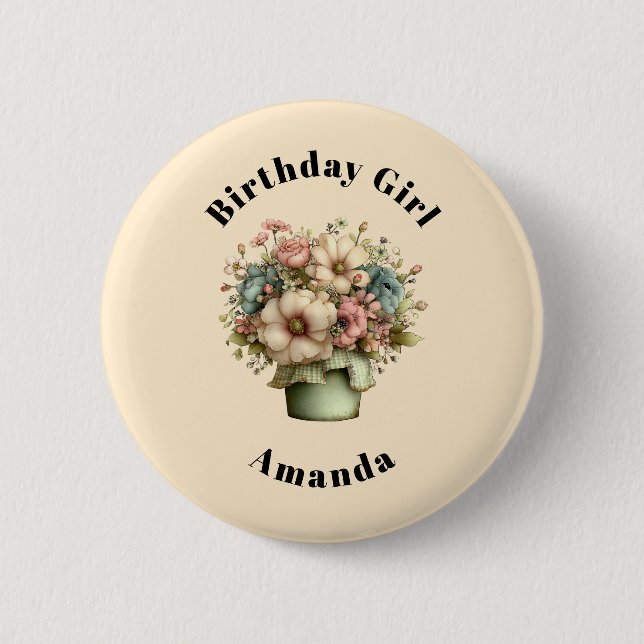 Birthday Girl Whimsical Flowers in a Planter Pot Button (Front)