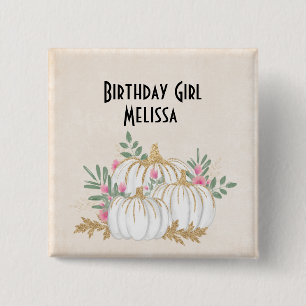 Birthday Girl White and Gold Pumpkins Watercolor Button
