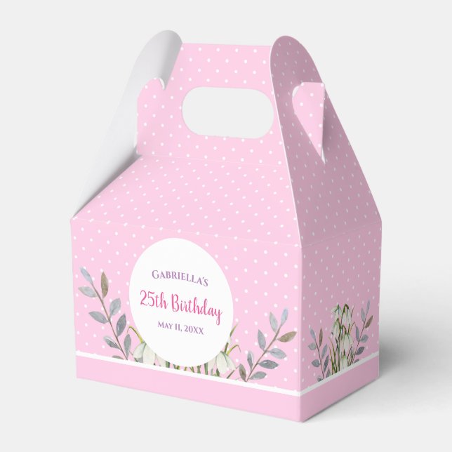 Birthday Girl White Snow Drops Pink Polka Dots Favor Boxes (Front Side)