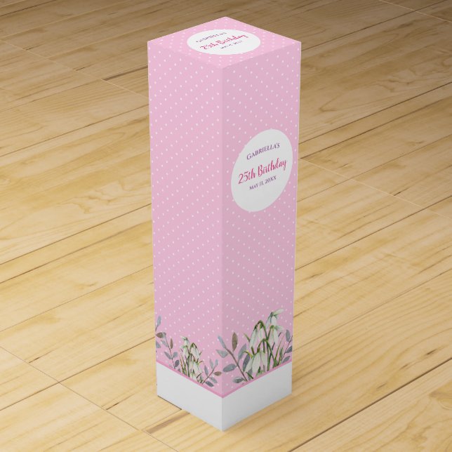 Birthday Girl White Snow Drops Pink Polka Dots Wine Box (Front)