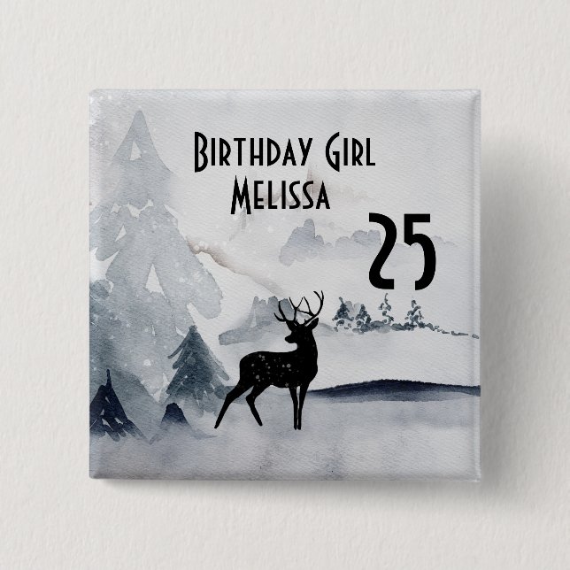 Birthday Girl Winter Reindeer Rustic Watercolor Button (Front)