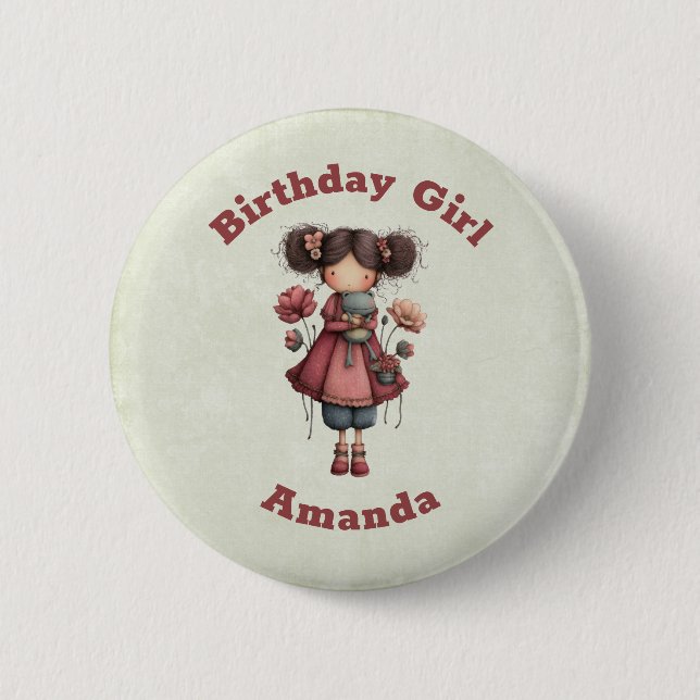 Birthday Girl with A Frog Doll Cute Whimsical Button (Front)