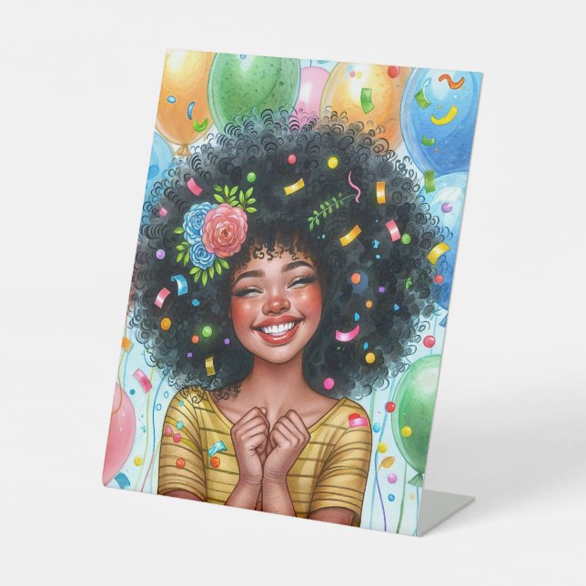 Birthday Girl With Brown Skin and Afro Pedestal Sign (Front)