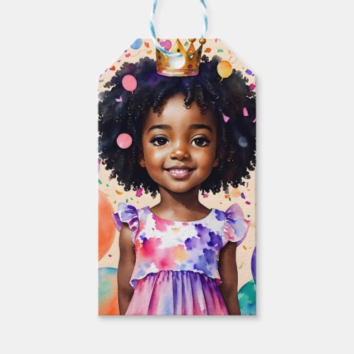 Birthday Girl With Brown Skin Princess Art Gift Tags
