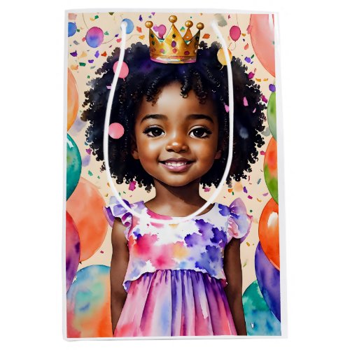 Birthday Girl With Brown Skin Princess Art Medium Gift Bag