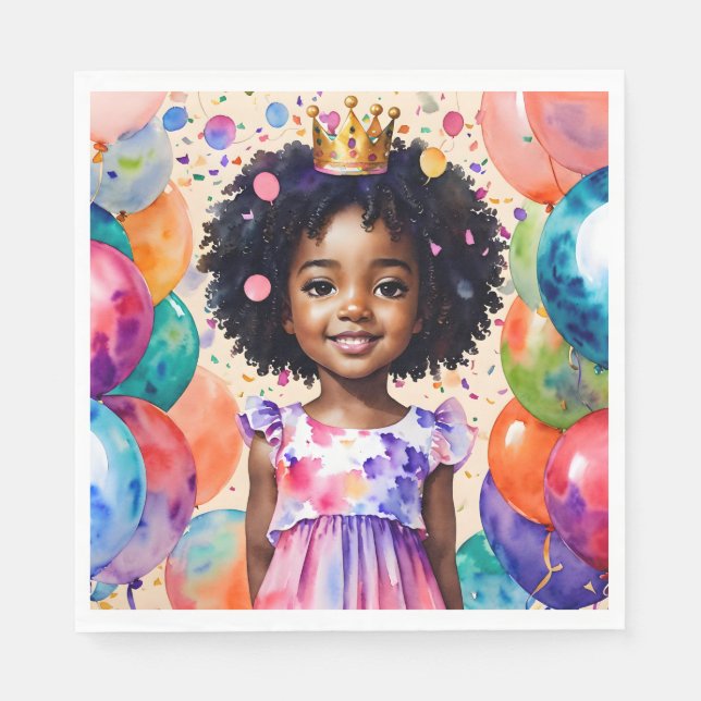 Birthday Girl With Brown Skin Princess Art Napkins (Front)