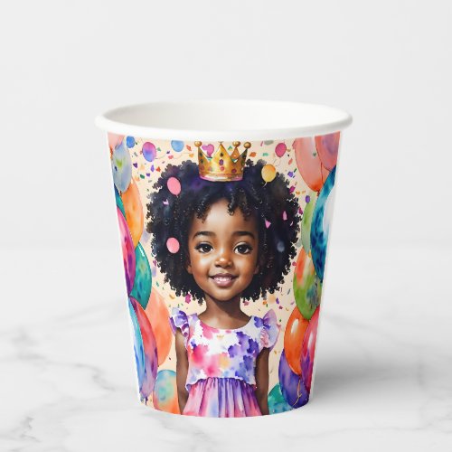 Birthday Girl With Brown Skin Princess Art Paper Cups