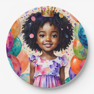 Birthday Girl With Brown Skin Princess Art Paper Plates