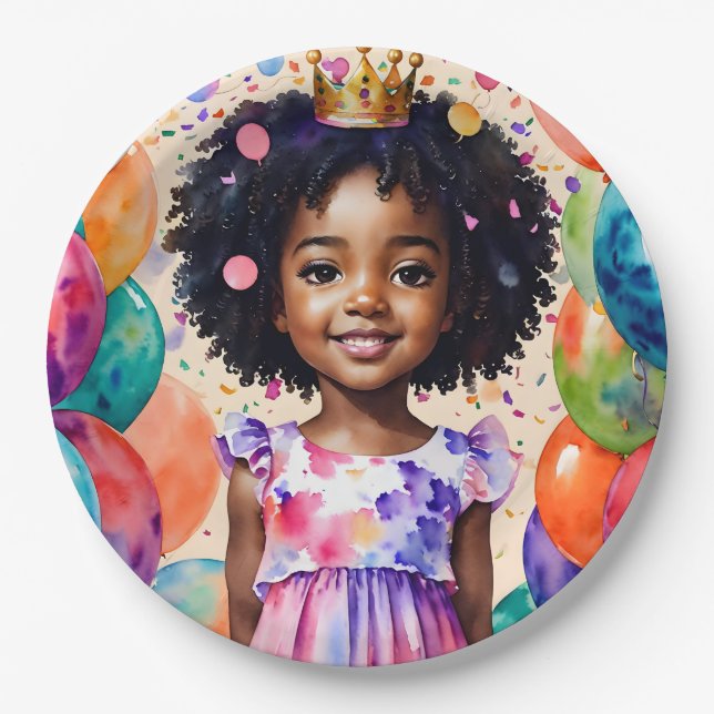 Birthday Girl With Brown Skin Princess Art Paper Plates (Front)