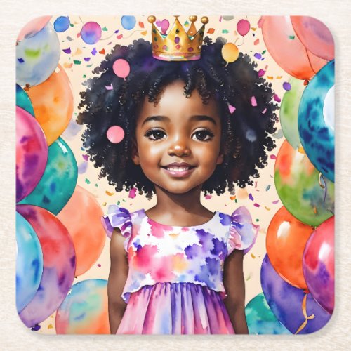 Birthday Girl With Brown Skin Princess Art Square Paper Coaster