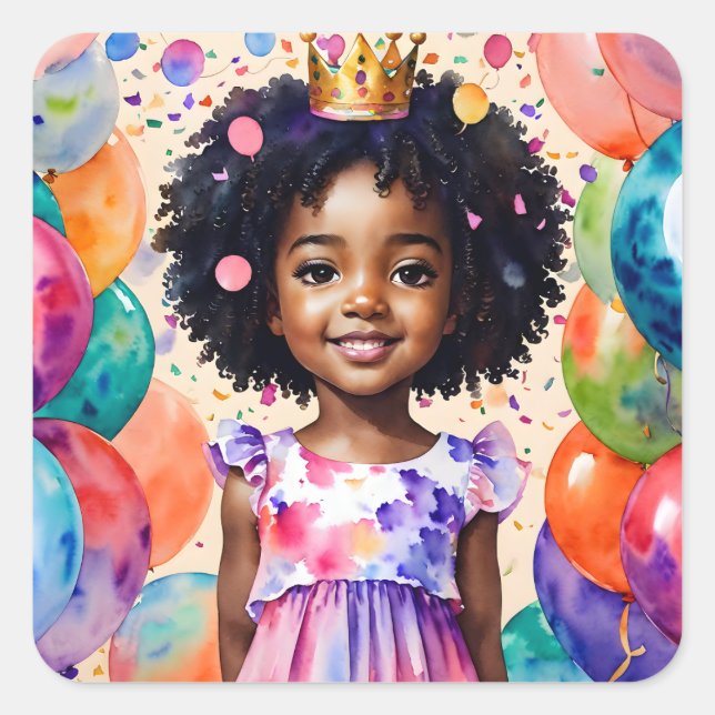 Birthday Girl With Brown Skin Princess Art Square Sticker (Front)