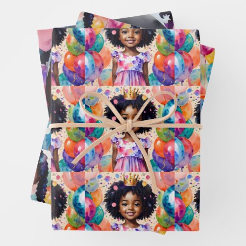 Birthday Girl With Brown Skin Princess Art Wrapping Paper Sheets
