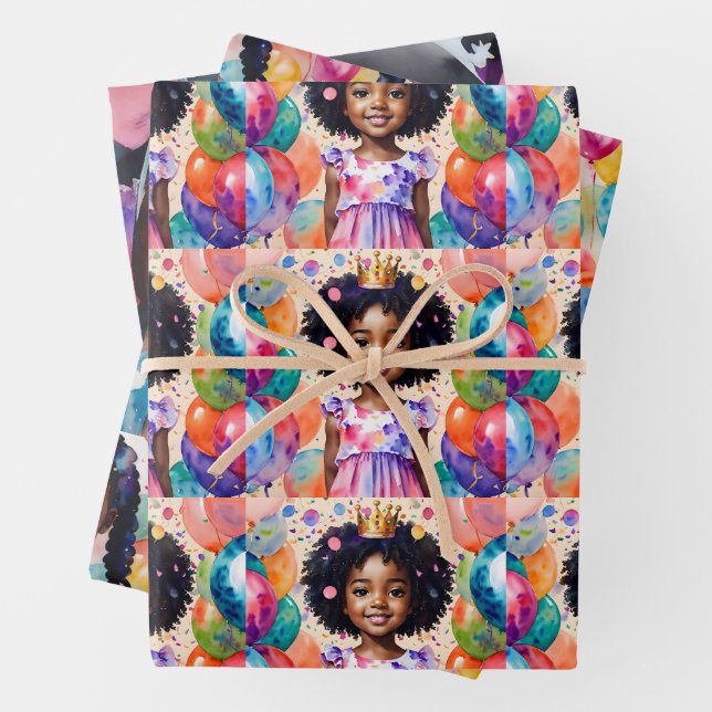 Birthday Girl With Brown Skin Princess Art Wrapping Paper Sheets (In situ)